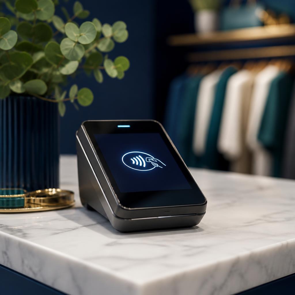 Modern contactless payment terminal on a retail counter